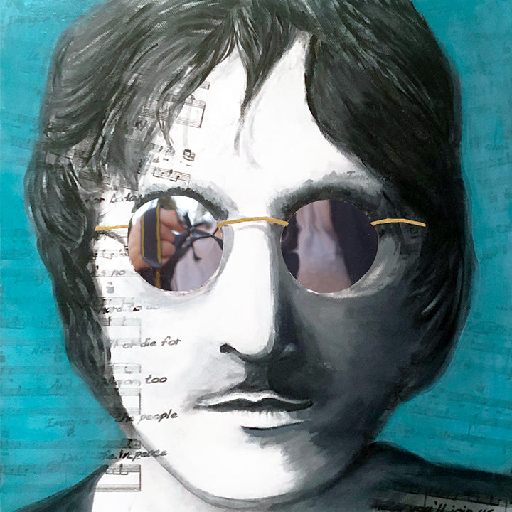 Lennon Sees You by Annette Back - 12x12-Acrylics/Mixed Media on Canvas-annettebackart
